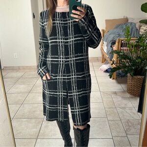 Sanctuary Plaid Knit Duster Coat | Black White Academia Sweater Jacket L